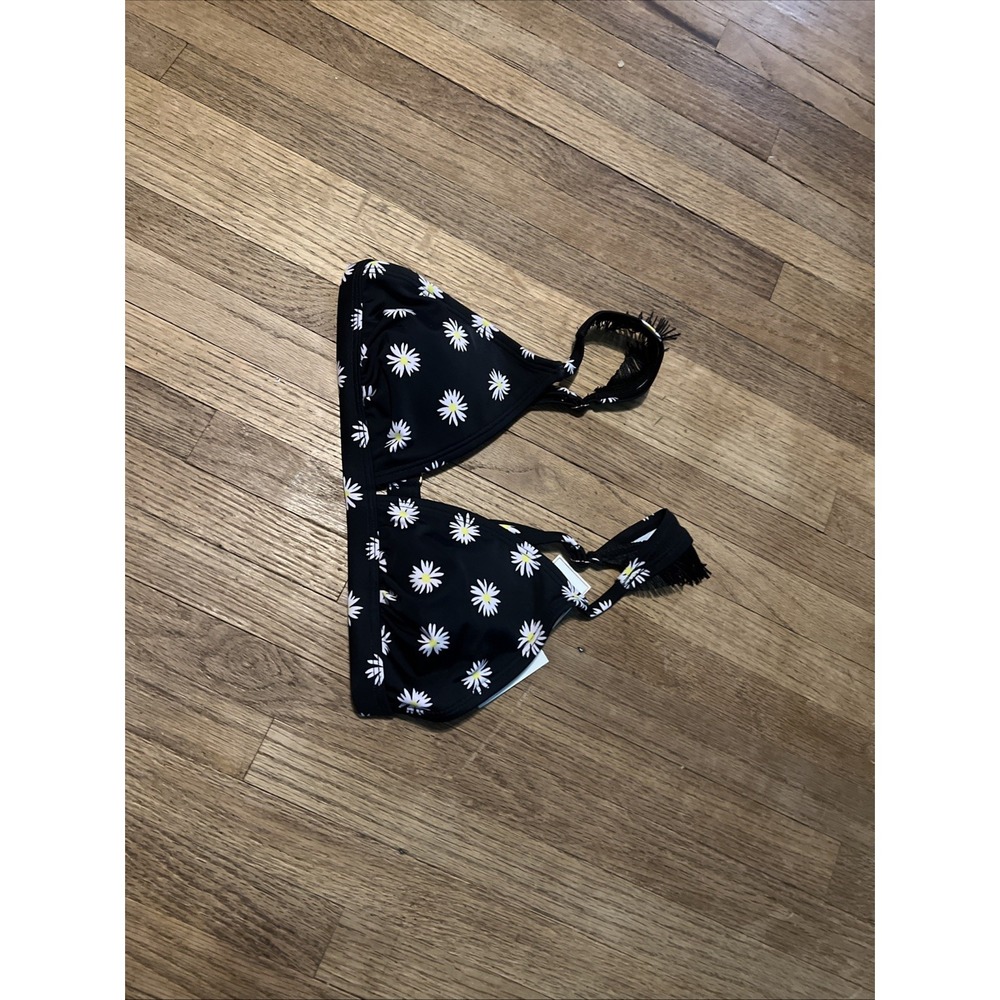 Hula Honey Daisy Dot Ruffled Bikini Top Black White Yellow S Small NWT